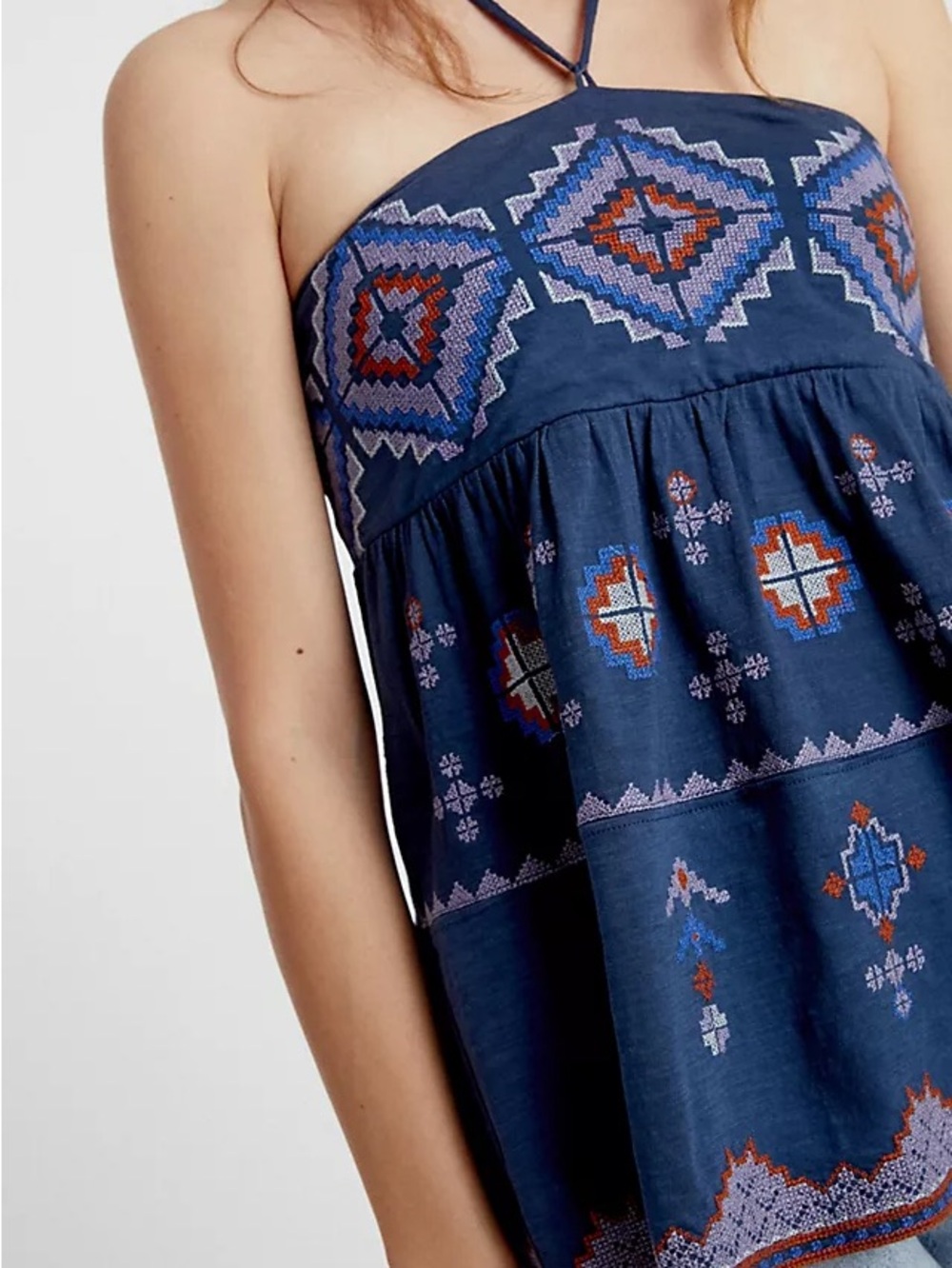 Embroidered Navy Boho Halter Dress Top with Blue & Orange Geometric Pattern
